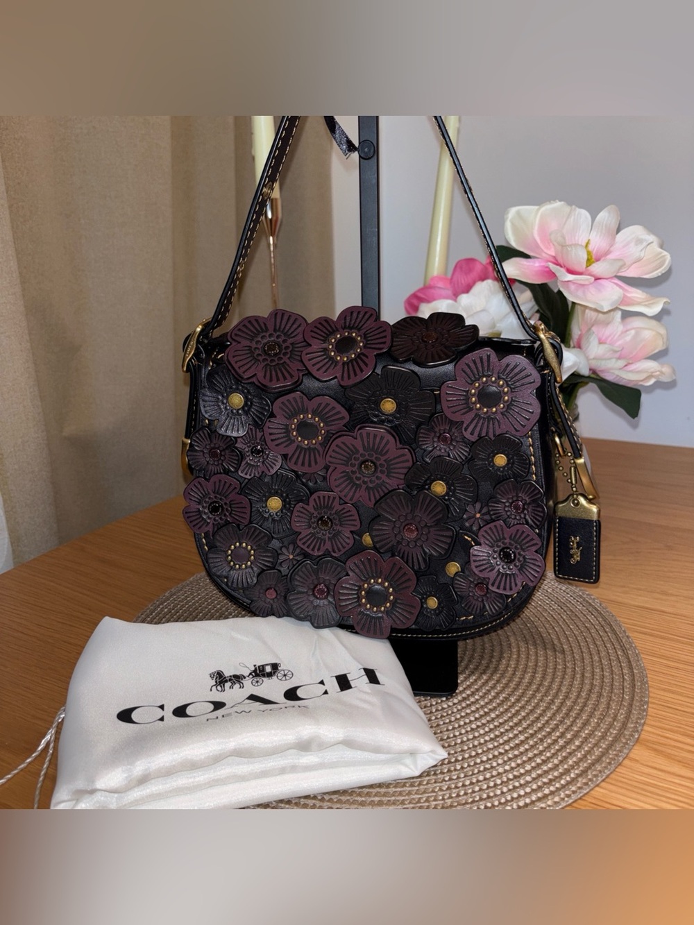 COACH 20115 TEA ROSE LEATHER CROSSBODY PURSE BLACK / OXBLOOD